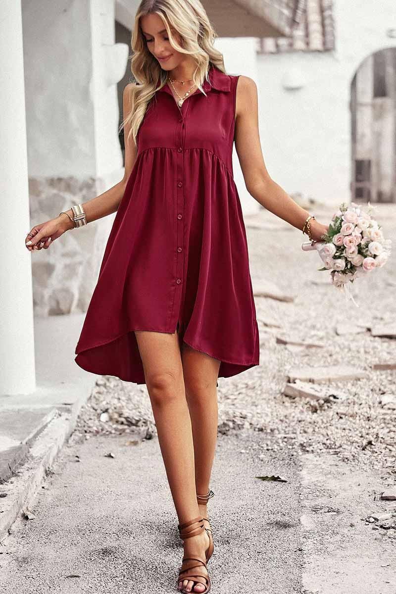 SLEEVELESS BUTTON DOWN SHIRTS DRESS - Doublju