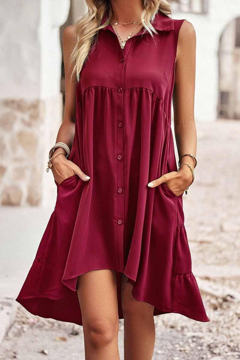 SLEEVELESS BUTTON DOWN SHIRTS DRESS - Doublju