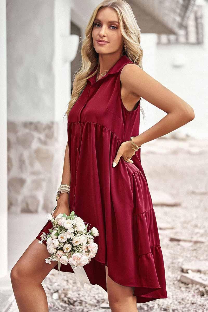 SLEEVELESS BUTTON DOWN SHIRTS DRESS - Doublju