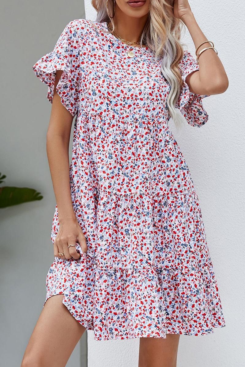 MULTI PATTERNED RUFFLE SLEEVE MIDI DRESS - Doublju