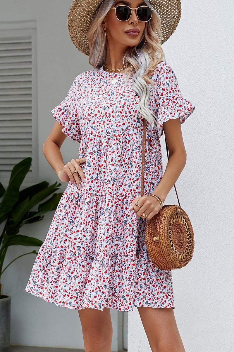 MULTI PATTERNED RUFFLE SLEEVE MIDI DRESS - Doublju
