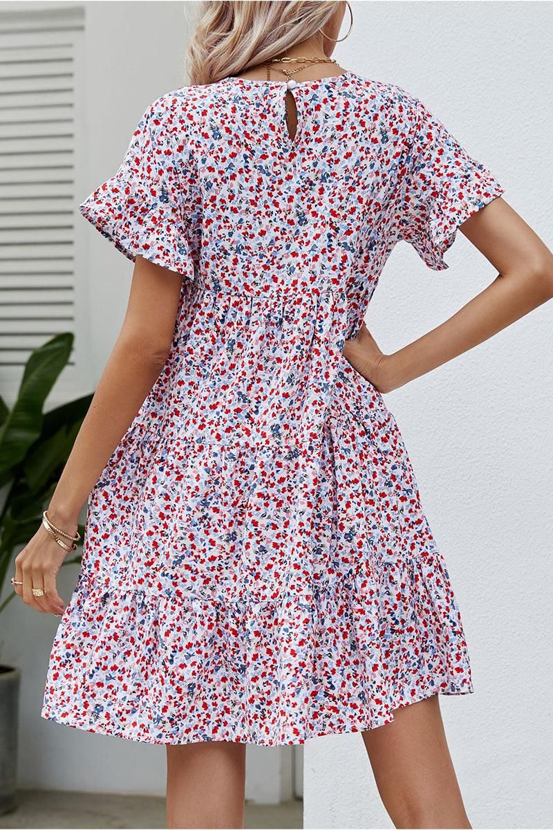 MULTI PATTERNED RUFFLE SLEEVE MIDI DRESS - Doublju