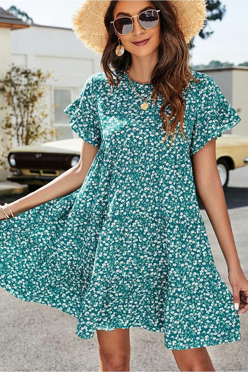 MULTI PATTERNED RUFFLE SLEEVE MIDI DRESS - Doublju