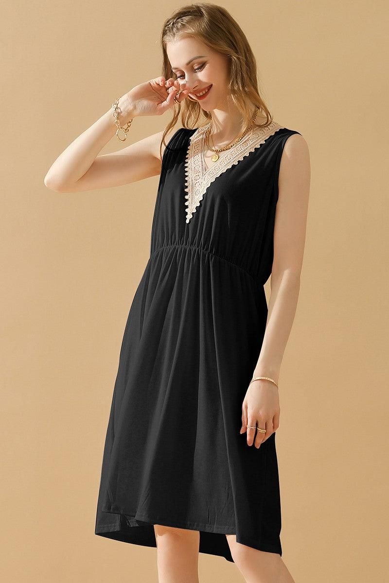 POCKET LACE V NECK SLEEVELESS DRESS - Doublju
