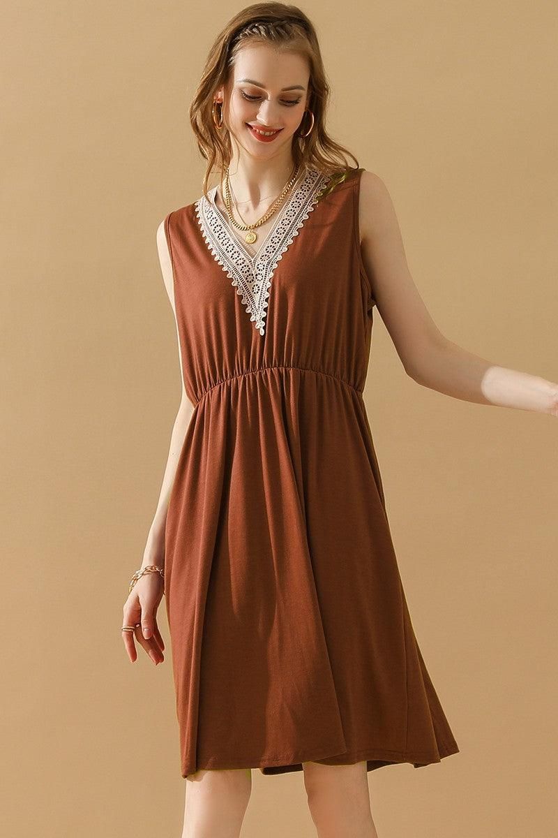 POCKET LACE V NECK SLEEVELESS DRESS - Doublju