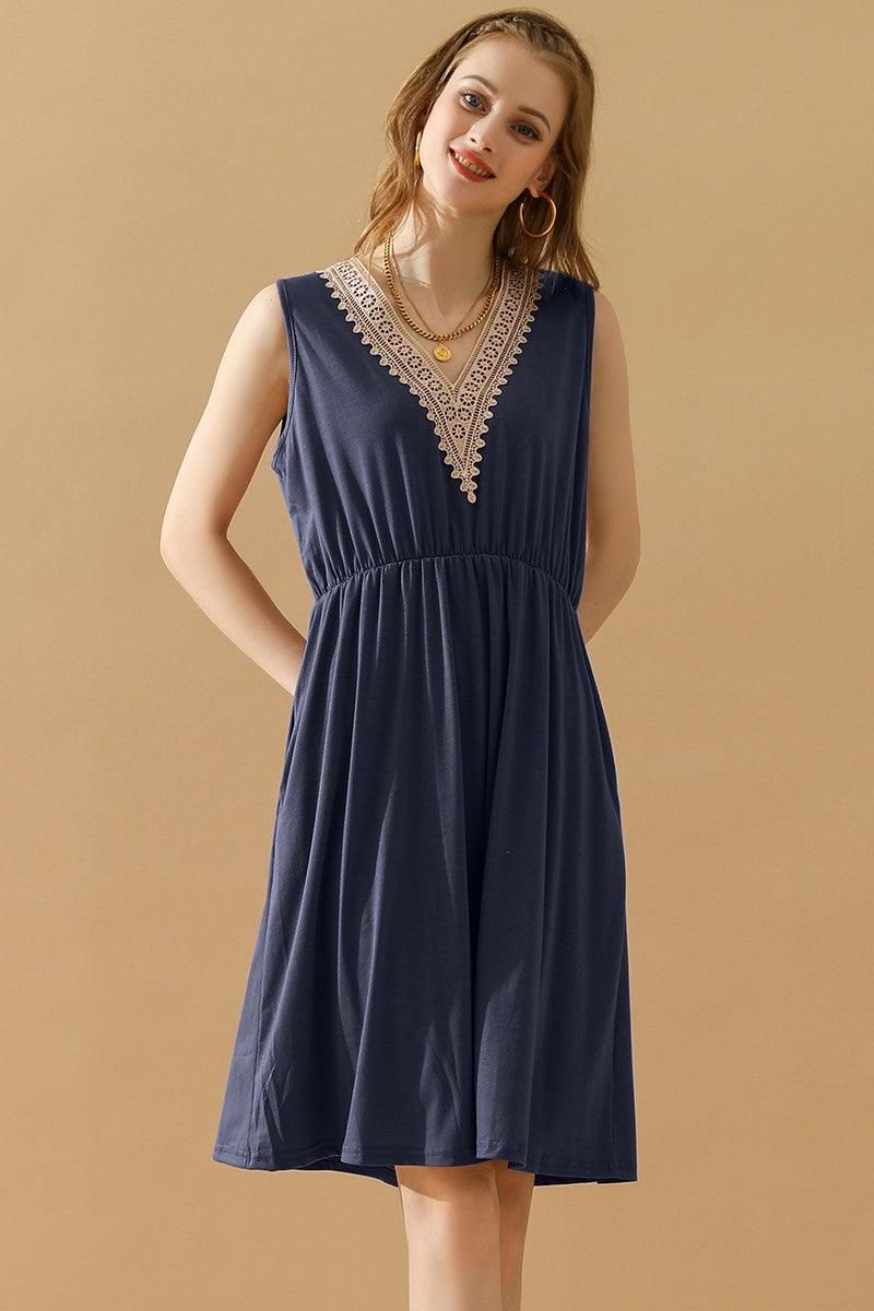 POCKET LACE V NECK SLEEVELESS DRESS - Doublju