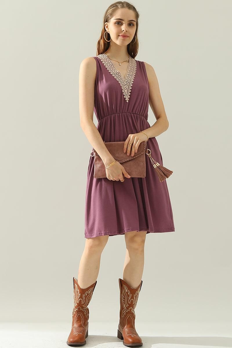 POCKET LACE V NECK SLEEVELESS DRESS - Doublju