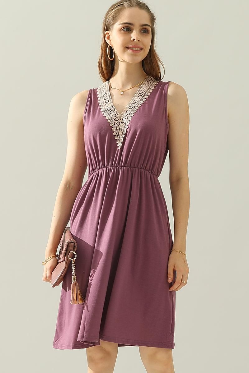 POCKET LACE V NECK SLEEVELESS DRESS - Doublju