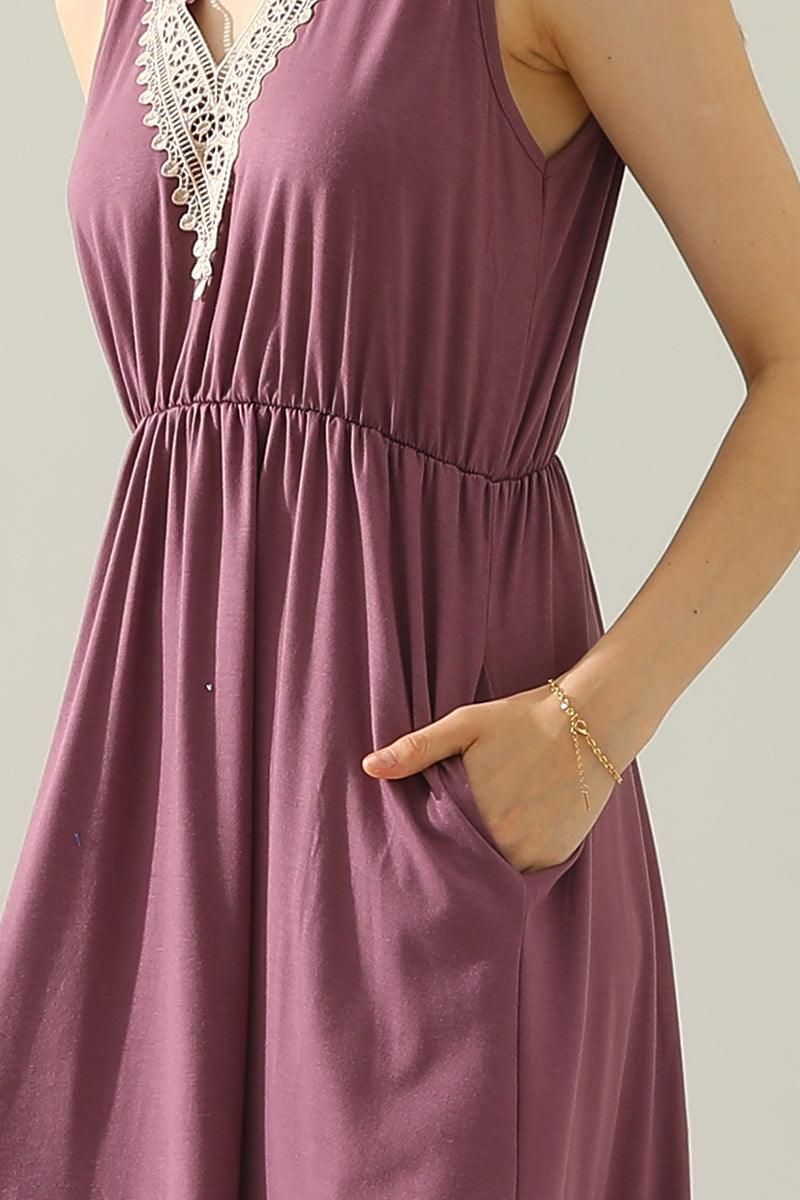 POCKET LACE V NECK SLEEVELESS DRESS - Doublju