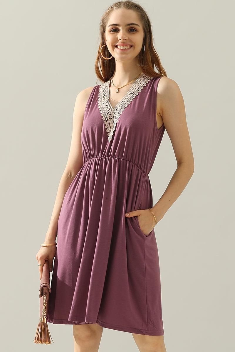 POCKET LACE V NECK SLEEVELESS DRESS - Doublju