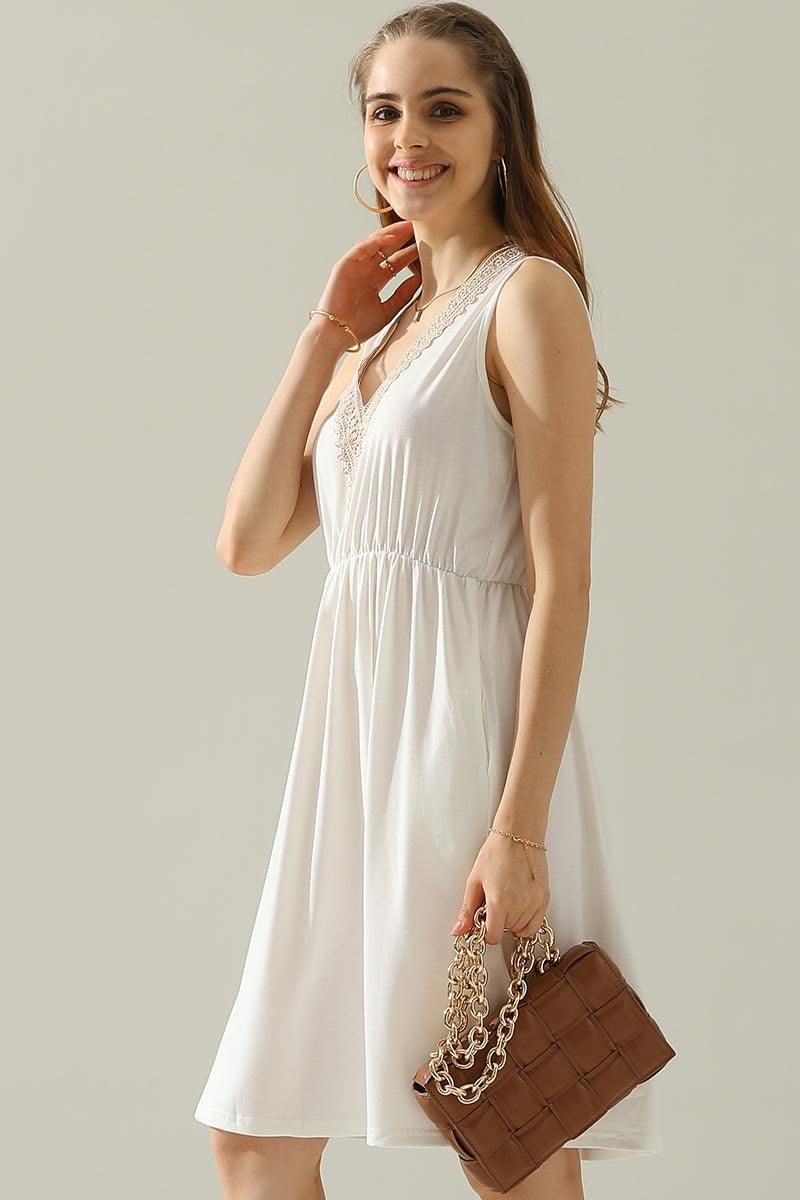 POCKET LACE V NECK SLEEVELESS DRESS - Doublju