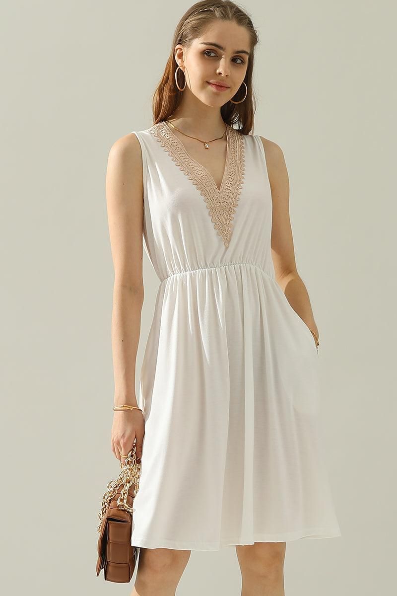 POCKET LACE V NECK SLEEVELESS DRESS - Doublju