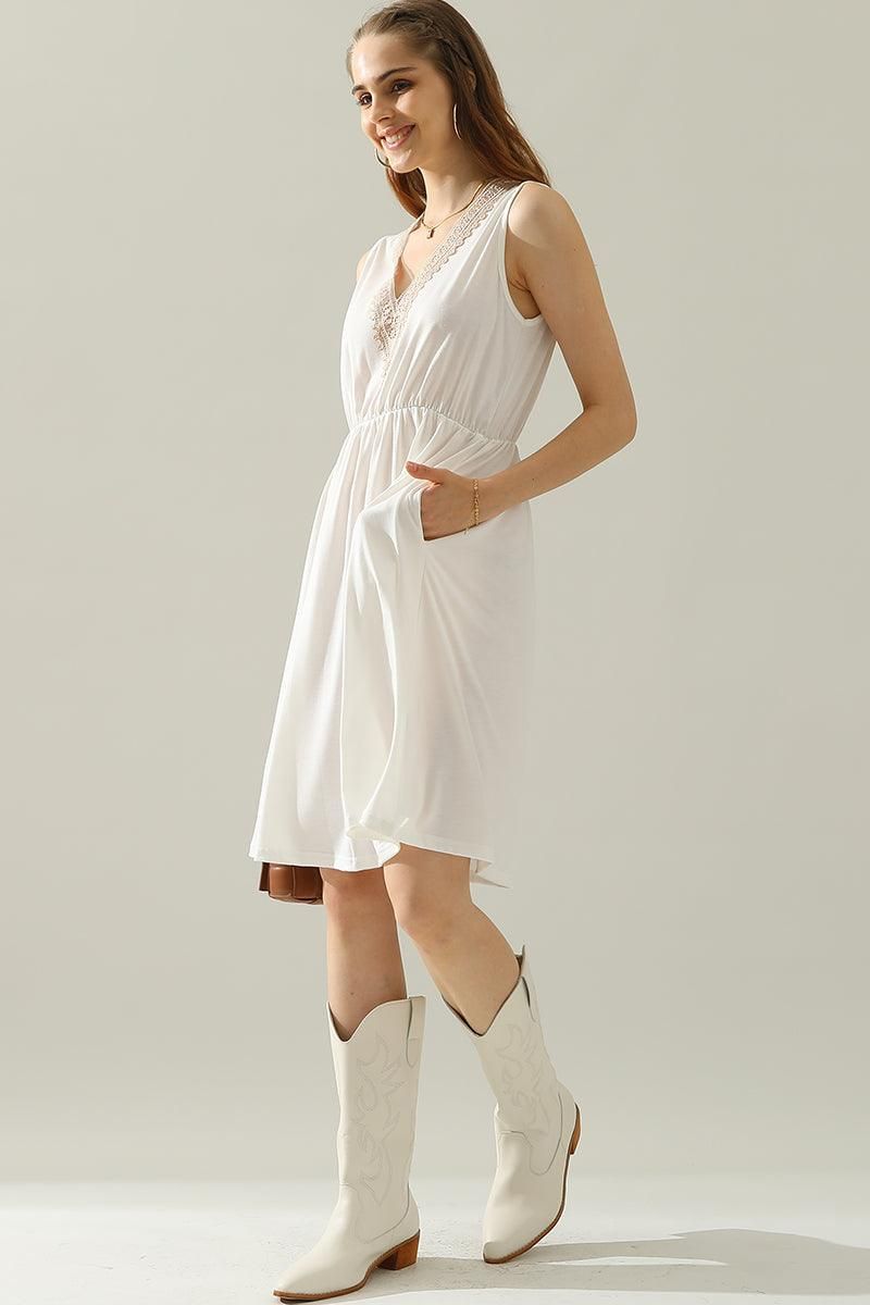 POCKET LACE V NECK SLEEVELESS DRESS - Doublju