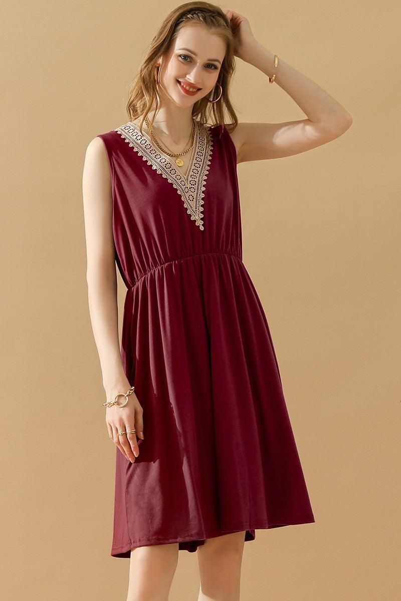 POCKET LACE V NECK SLEEVELESS DRESS - Doublju