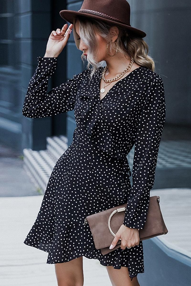 DOT RUFFLED LACE LONG SLEEVES SHORT DRESS - Doublju