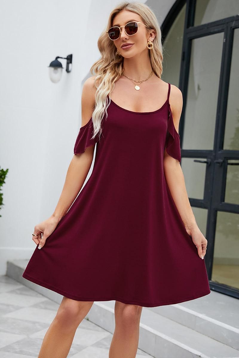 OFF SHOULDER SPAGHTTI STRAP LOOSE DRESS - Doublju