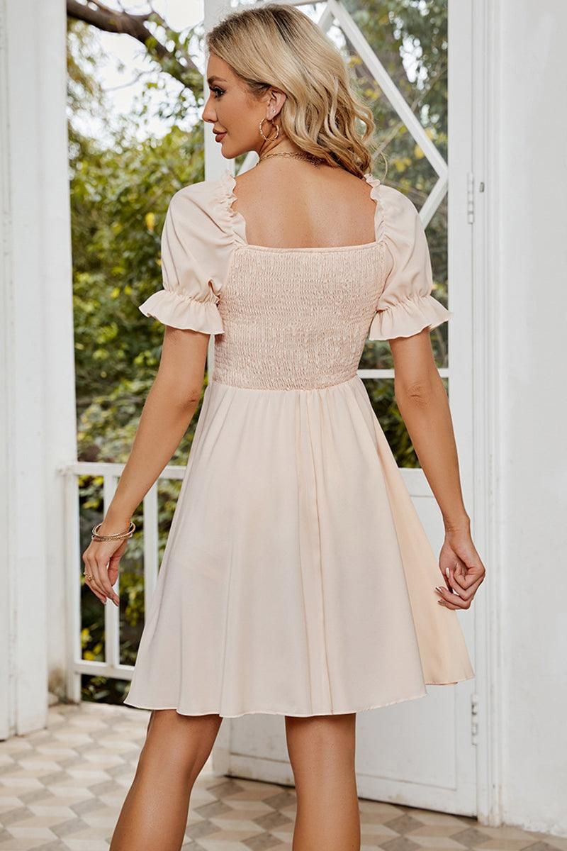 SQUARE NECK PUFF SLEEVES PLEATED SHORT DRESS - Doublju