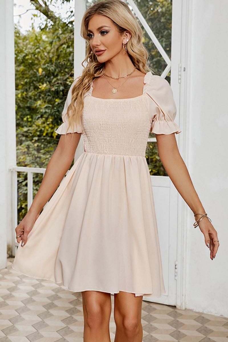 SQUARE NECK PUFF SLEEVES PLEATED SHORT DRESS - Doublju