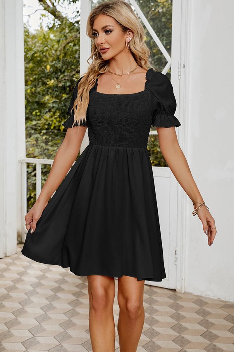 SQUARE NECK PUFF SLEEVES PLEATED SHORT DRESS - Doublju