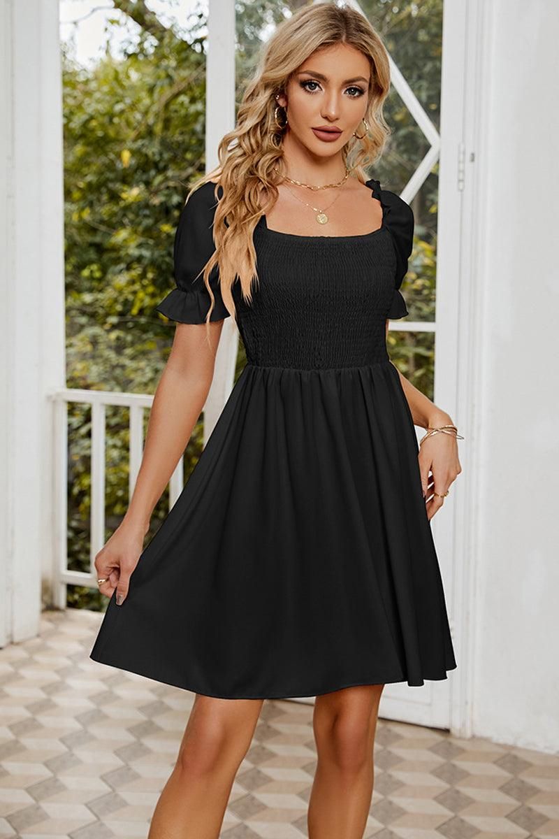 SQUARE NECK PUFF SLEEVES PLEATED SHORT DRESS - Doublju