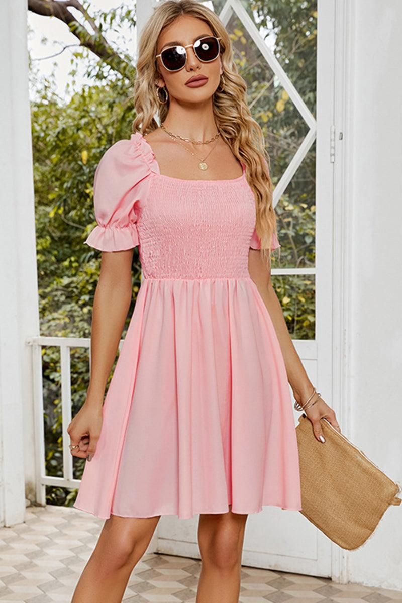 SQUARE NECK PUFF SLEEVES PLEATED SHORT DRESS - Doublju