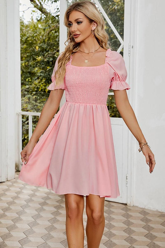 SQUARE NECK PUFF SLEEVES PLEATED SHORT DRESS - Doublju