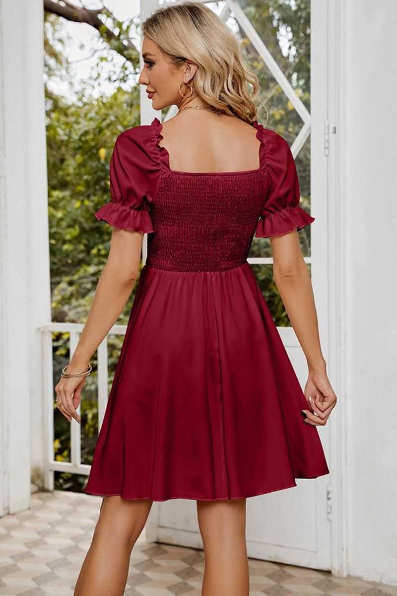 SQUARE NECK PUFF SLEEVES PLEATED SHORT DRESS - Doublju