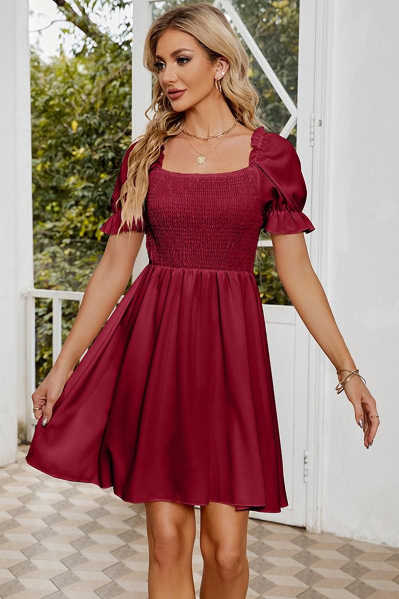 SQUARE NECK PUFF SLEEVES PLEATED SHORT DRESS - Doublju