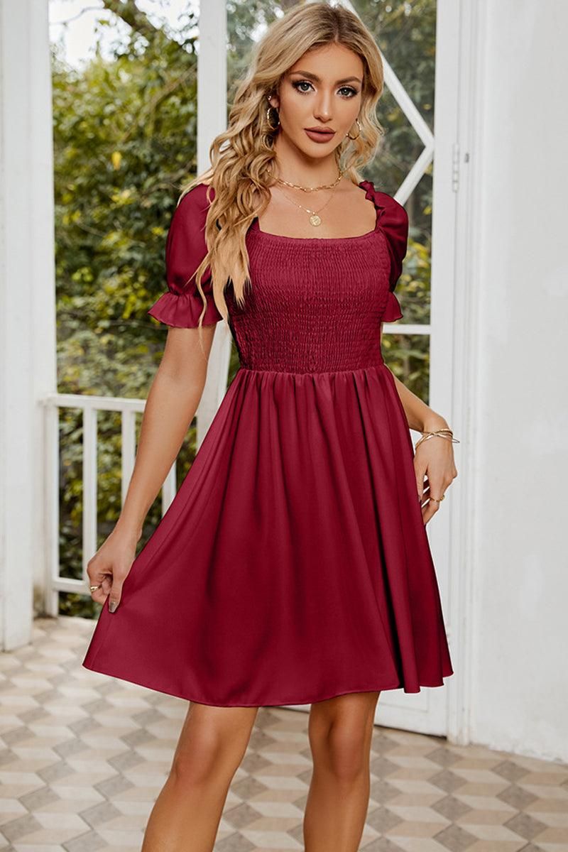 SQUARE NECK PUFF SLEEVES PLEATED SHORT DRESS - Doublju