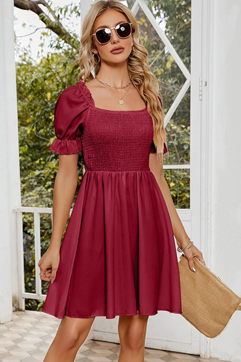SQUARE NECK PUFF SLEEVES PLEATED SHORT DRESS - Doublju