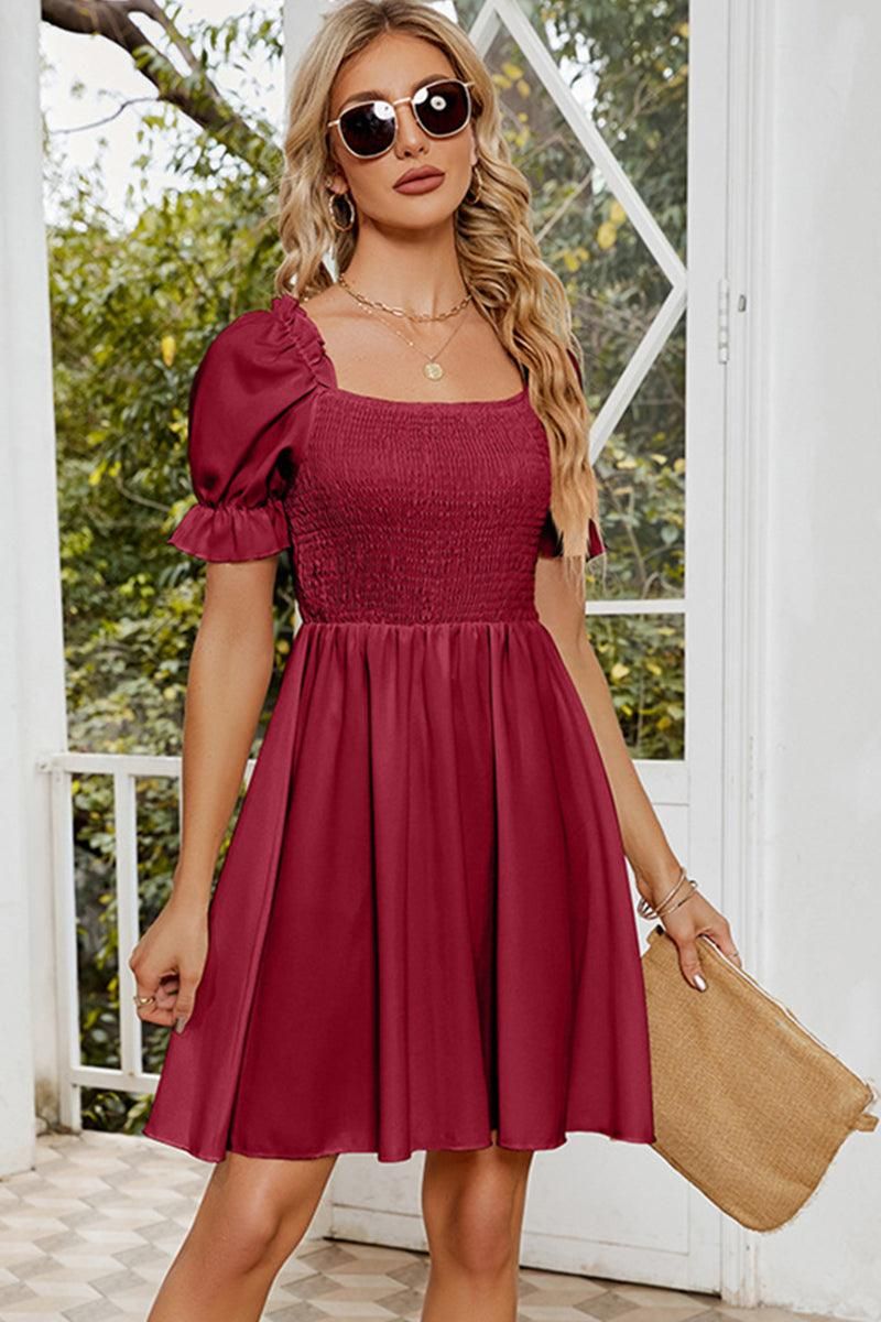 SQUARE NECK PUFF SLEEVES PLEATED SHORT DRESS - Doublju