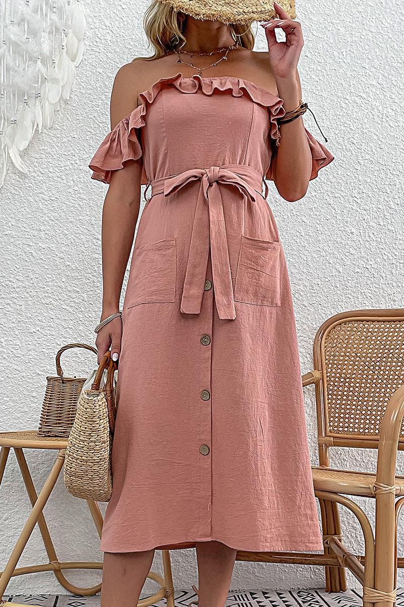 FRILL OFF SHOULDER TIED WAIST BUTTON SKIRT DRESS - Doublju