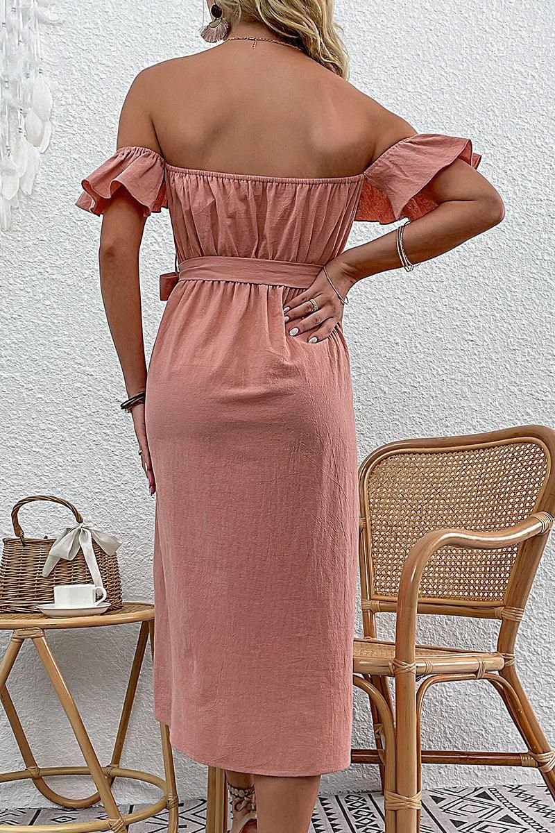FRILL OFF SHOULDER TIED WAIST BUTTON SKIRT DRESS - Doublju