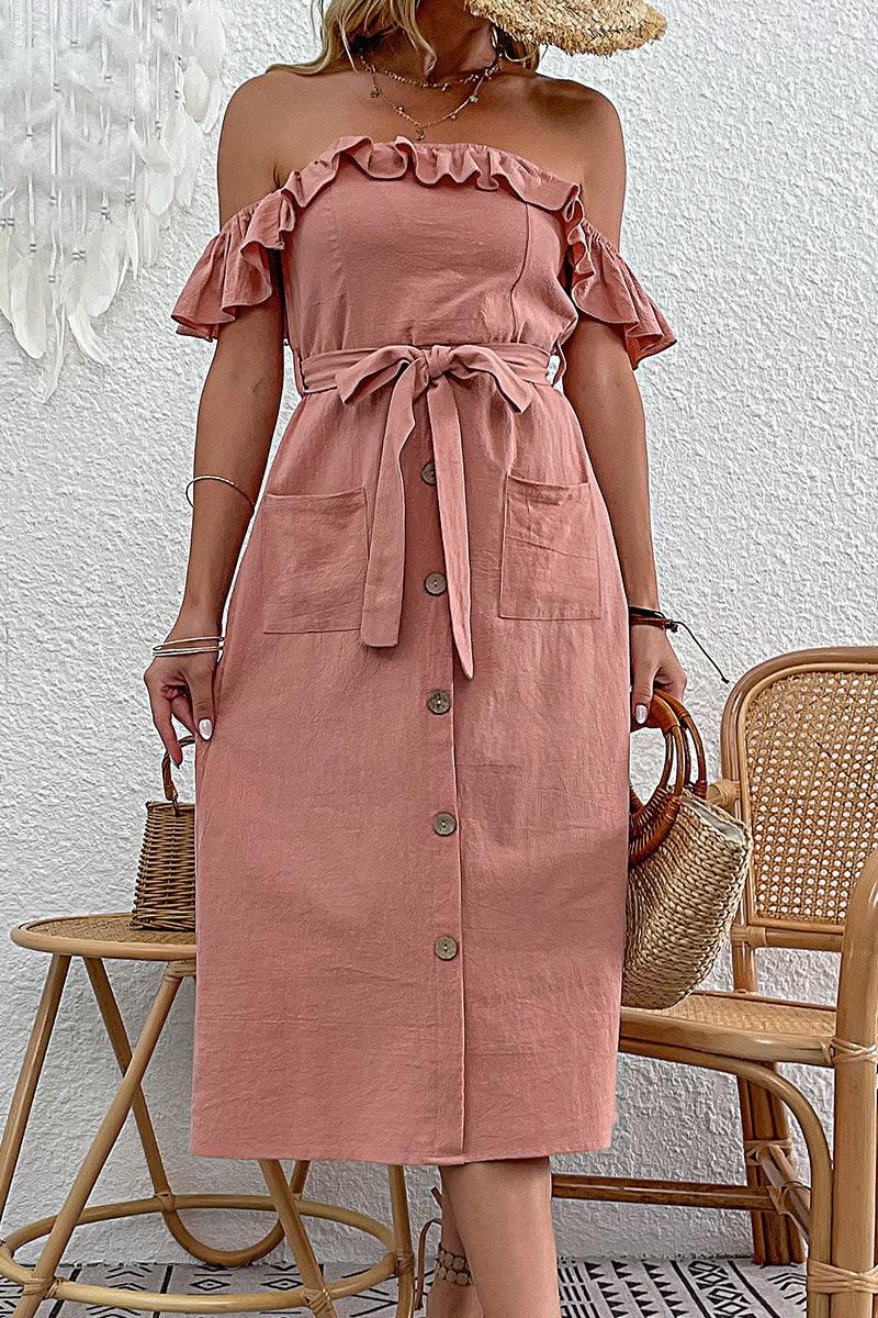 FRILL OFF SHOULDER TIED WAIST BUTTON SKIRT DRESS - Doublju