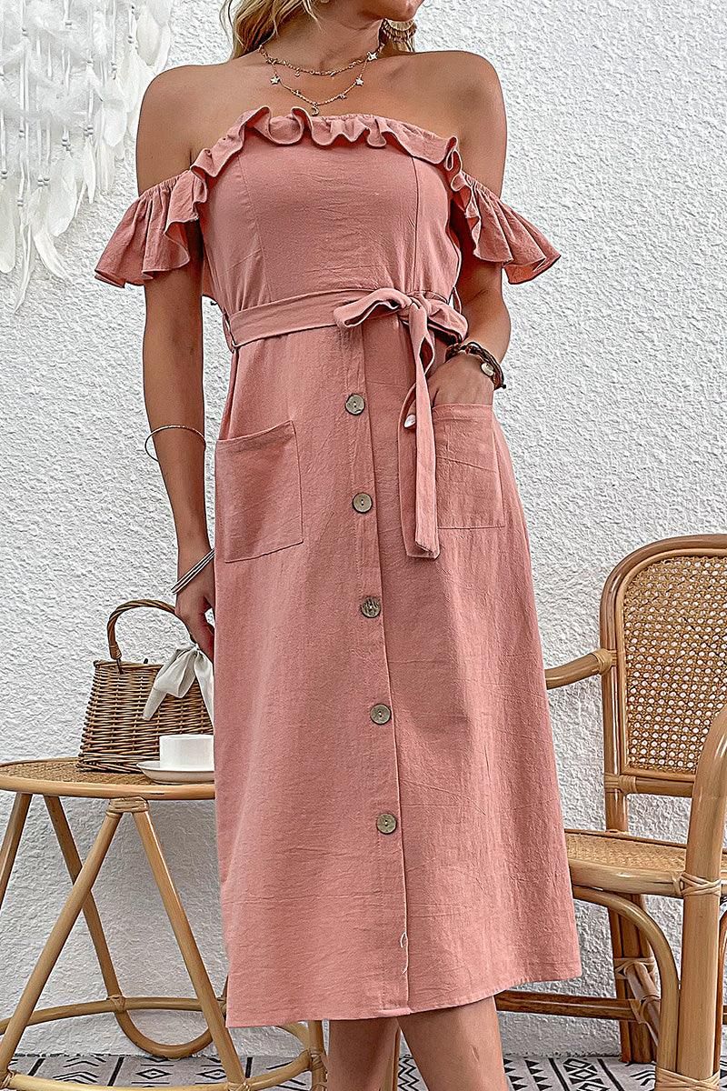 FRILL OFF SHOULDER TIED WAIST BUTTON SKIRT DRESS - Doublju
