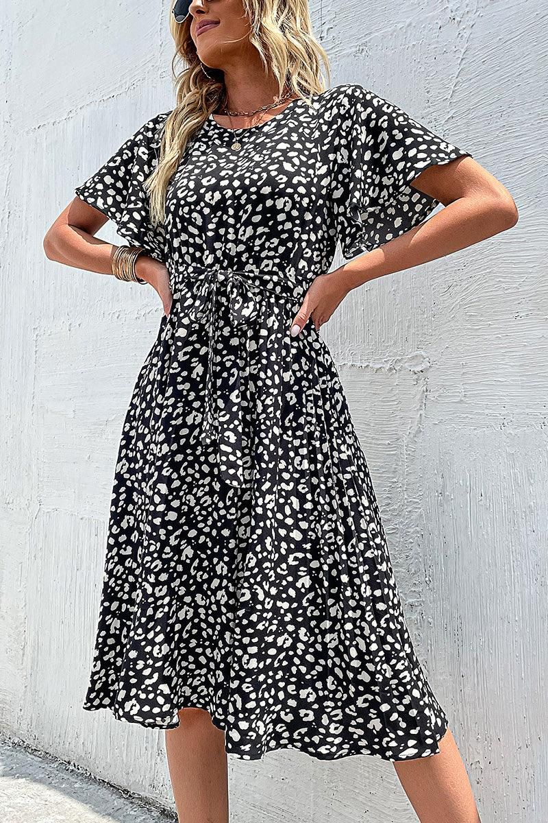 LEOPARD TIED WAIST FLARE MIDI DRESS - Doublju