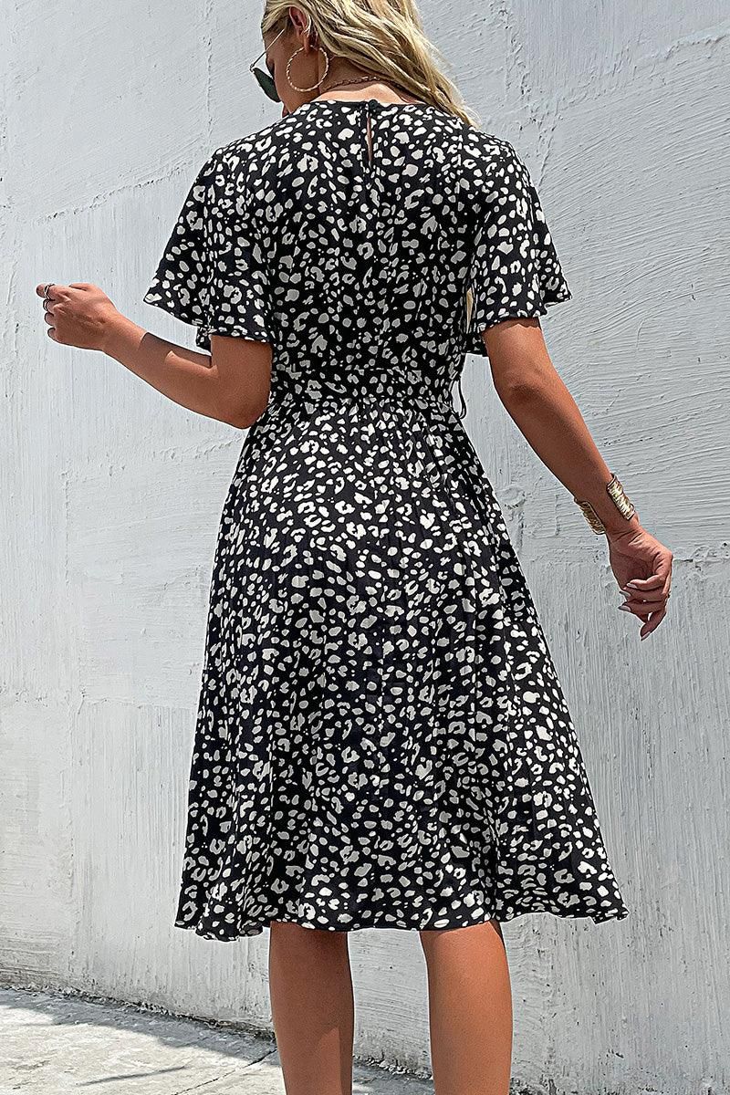LEOPARD TIED WAIST FLARE MIDI DRESS - Doublju