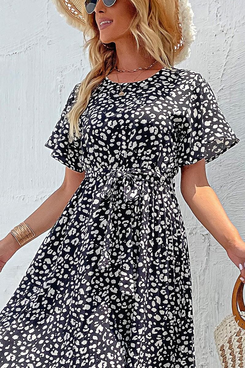 LEOPARD TIED WAIST FLARE MIDI DRESS - Doublju