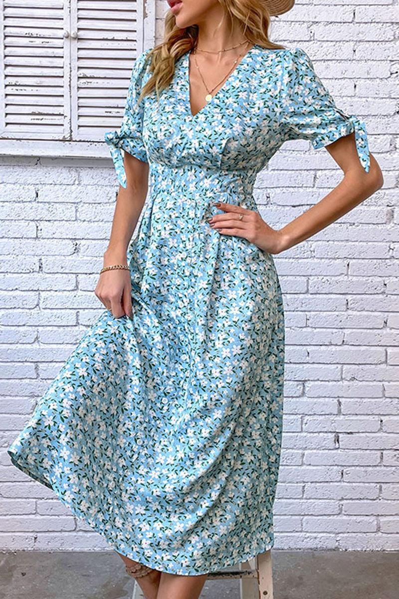 FLORAL TIGHTEN WAIST PUFF RIBBON SLEEVES DRESS - Doublju