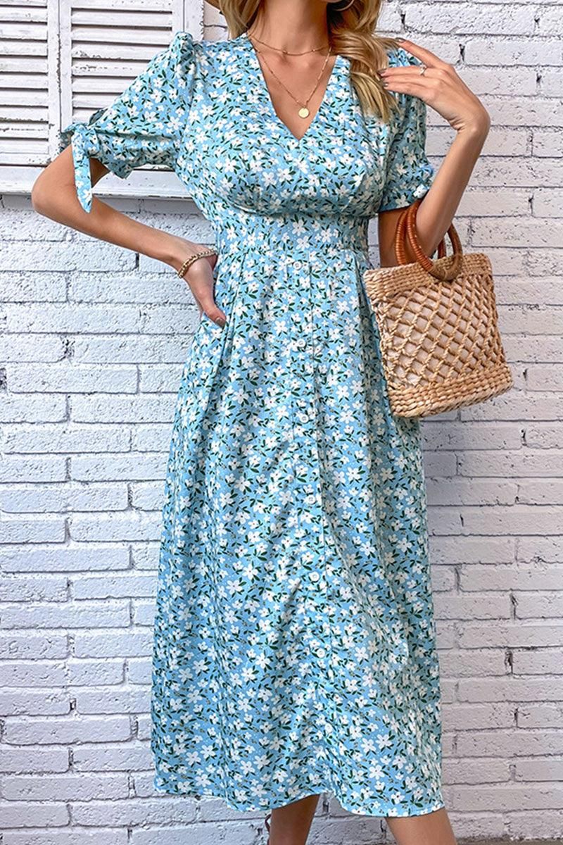 FLORAL TIGHTEN WAIST PUFF RIBBON SLEEVES DRESS - Doublju