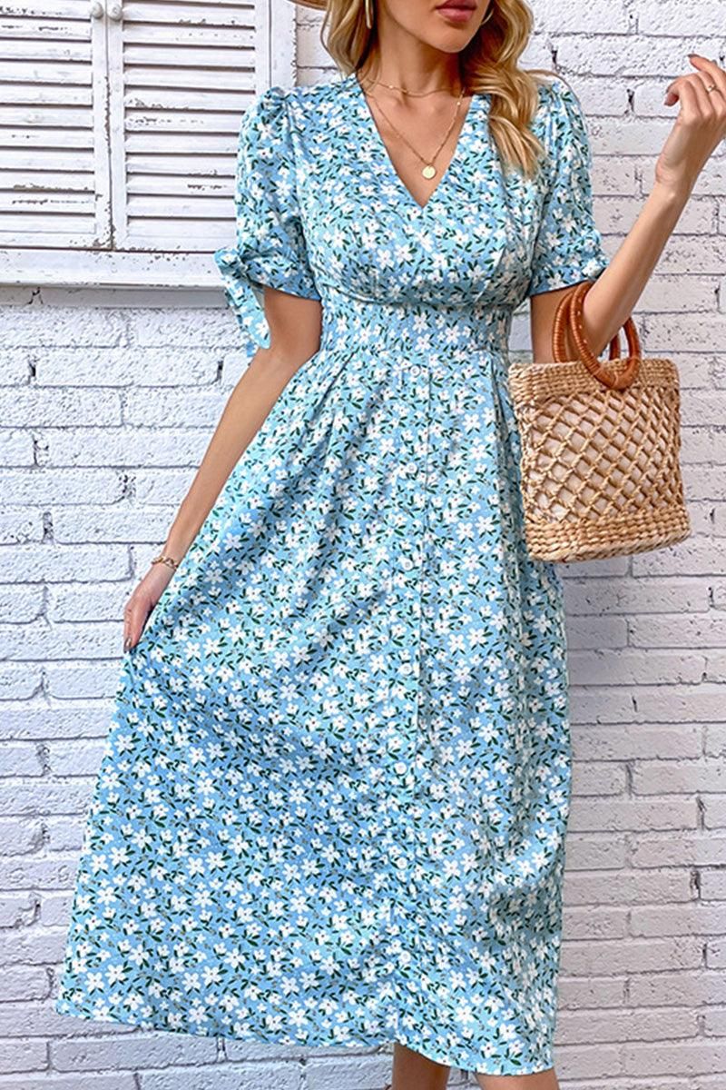 FLORAL TIGHTEN WAIST PUFF RIBBON SLEEVES DRESS - Doublju