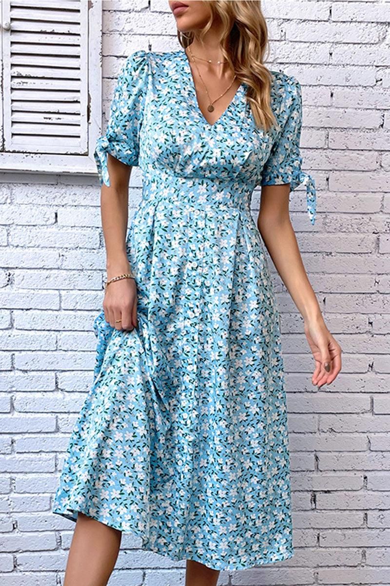 FLORAL TIGHTEN WAIST PUFF RIBBON SLEEVES DRESS - Doublju