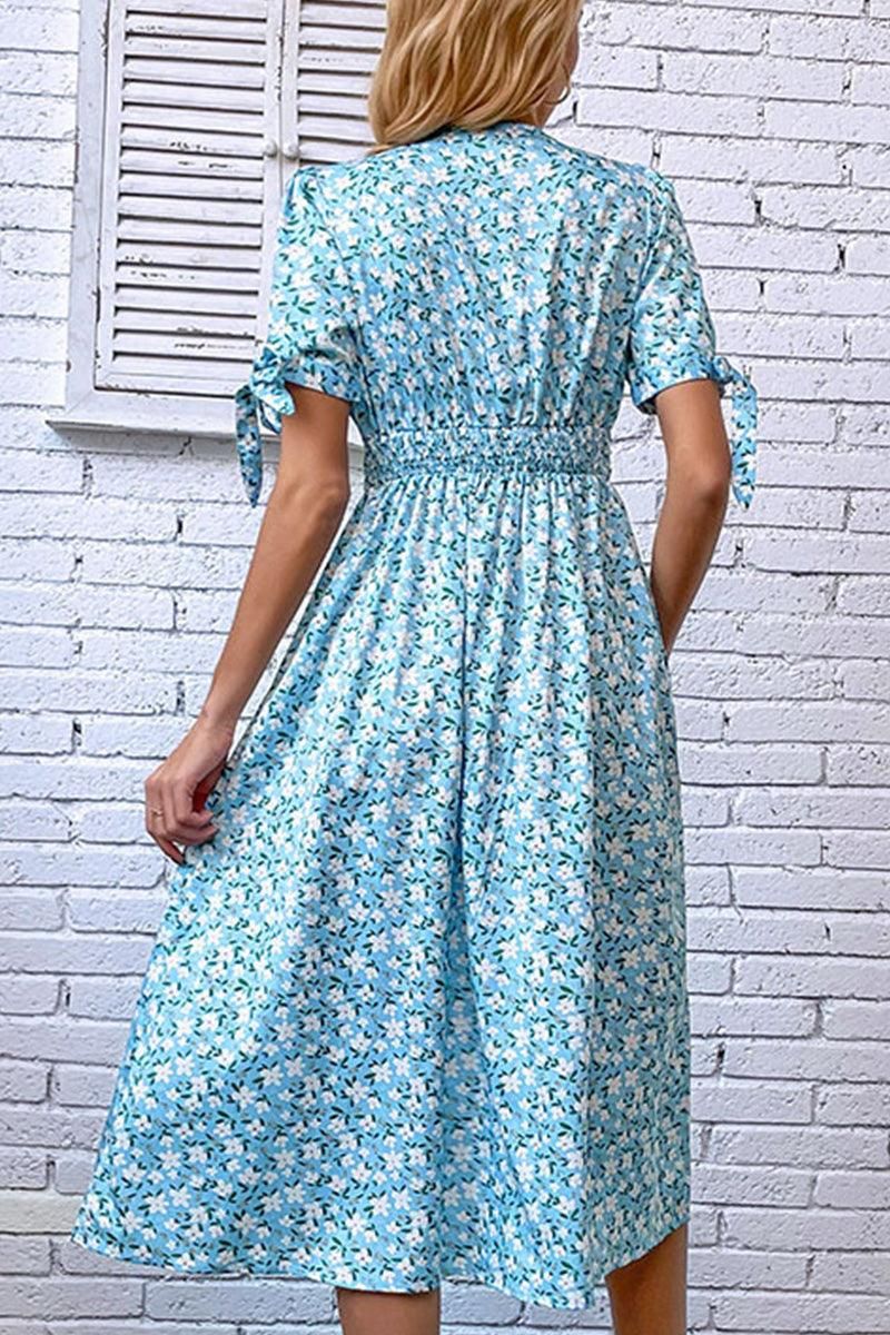 FLORAL TIGHTEN WAIST PUFF RIBBON SLEEVES DRESS - Doublju