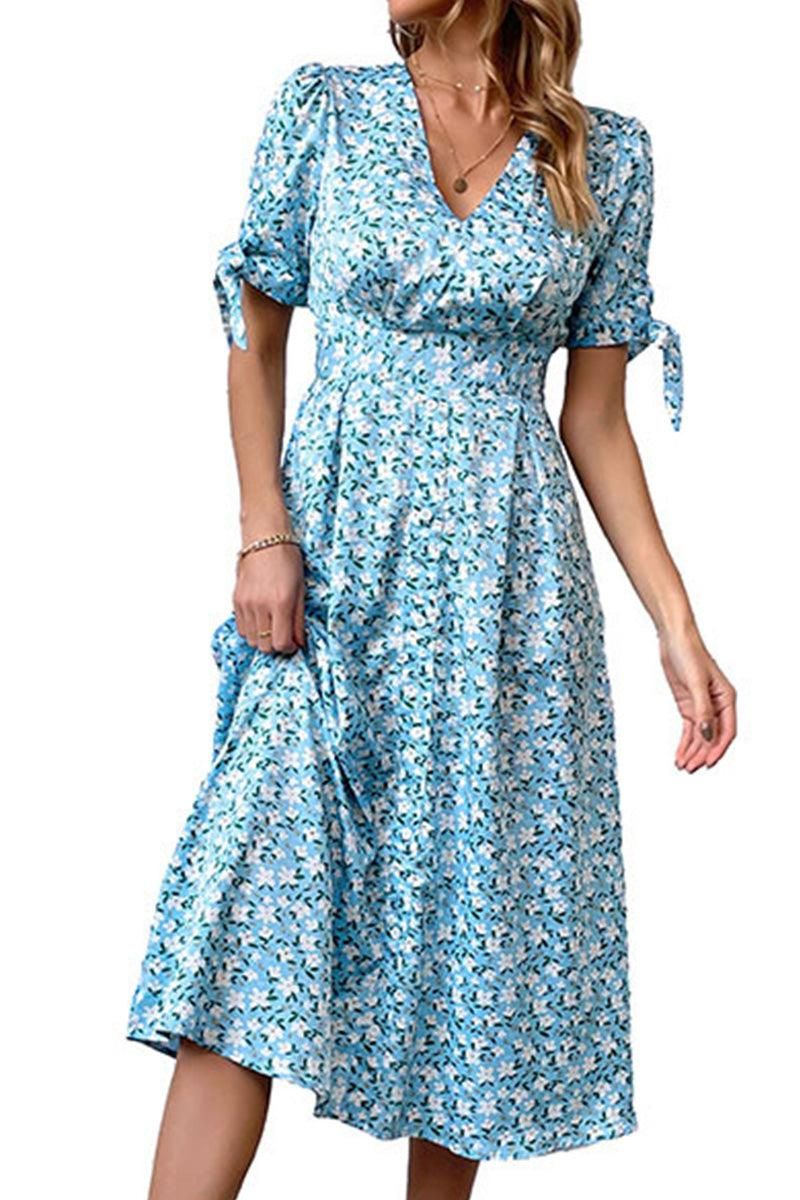 FLORAL TIGHTEN WAIST PUFF RIBBON SLEEVES DRESS - Doublju