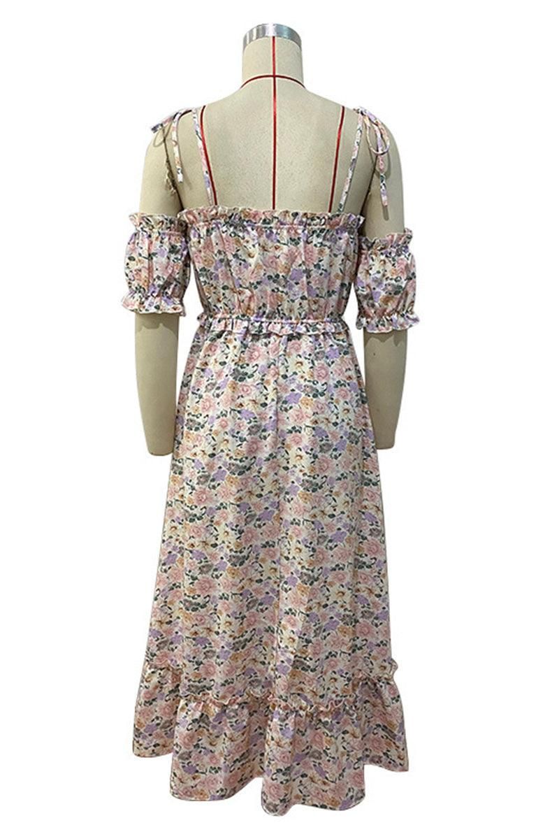 FLORAL STRAP OFF SHOULDER FLARE DRESS - Doublju