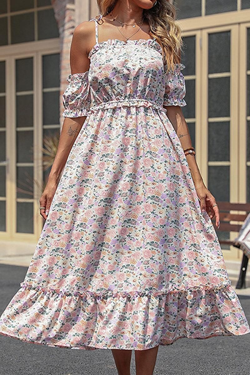 FLORAL STRAP OFF SHOULDER FLARE DRESS - Doublju