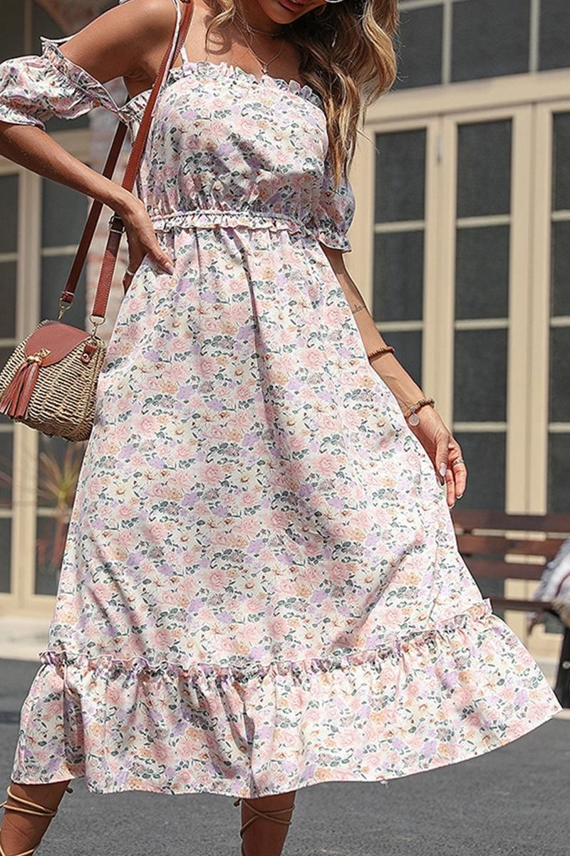 FLORAL STRAP OFF SHOULDER FLARE DRESS - Doublju