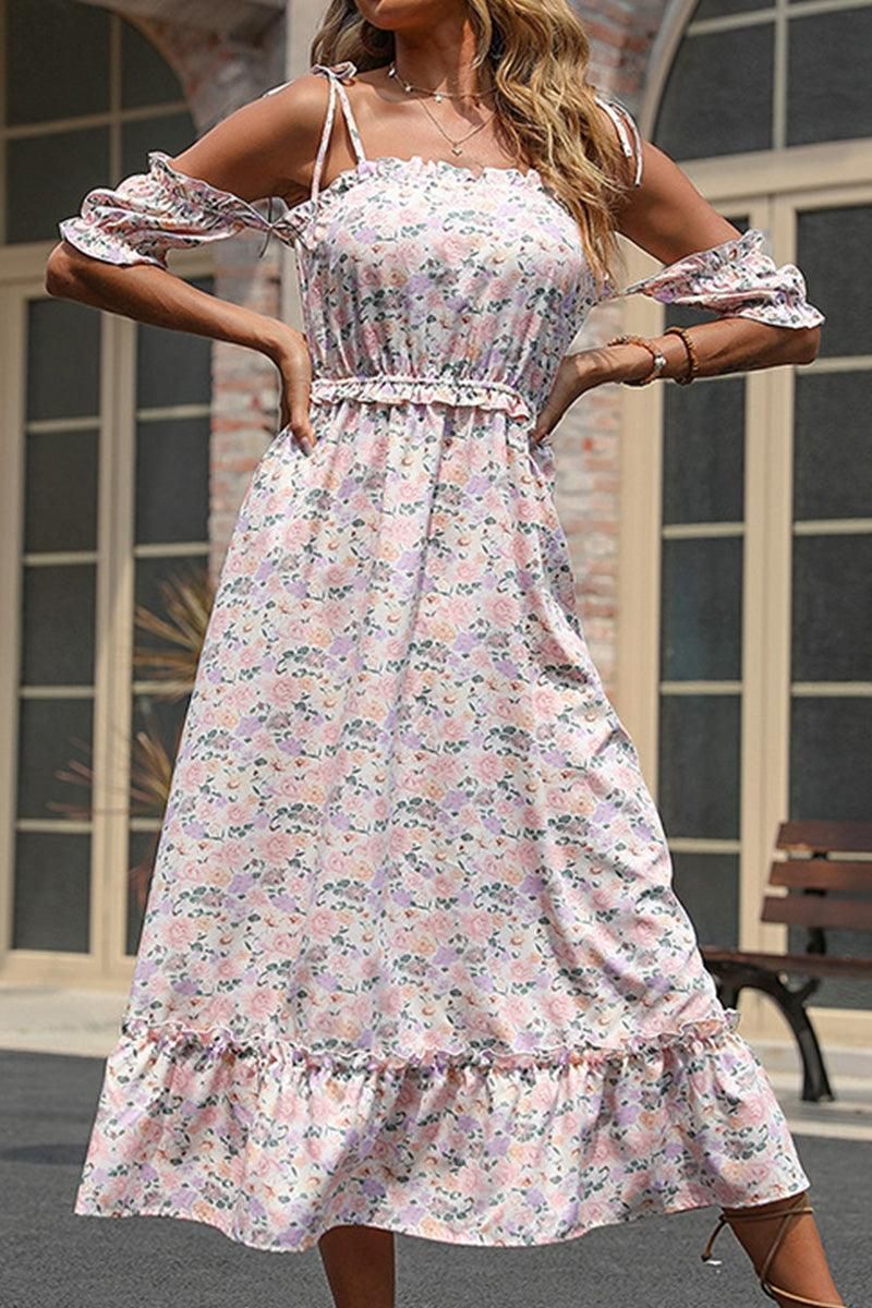FLORAL STRAP OFF SHOULDER FLARE DRESS - Doublju