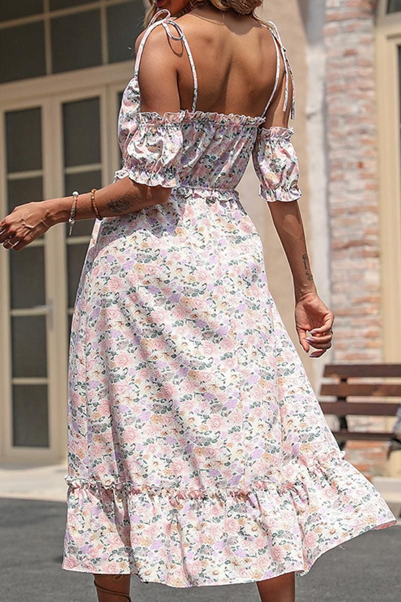 FLORAL STRAP OFF SHOULDER FLARE DRESS - Doublju