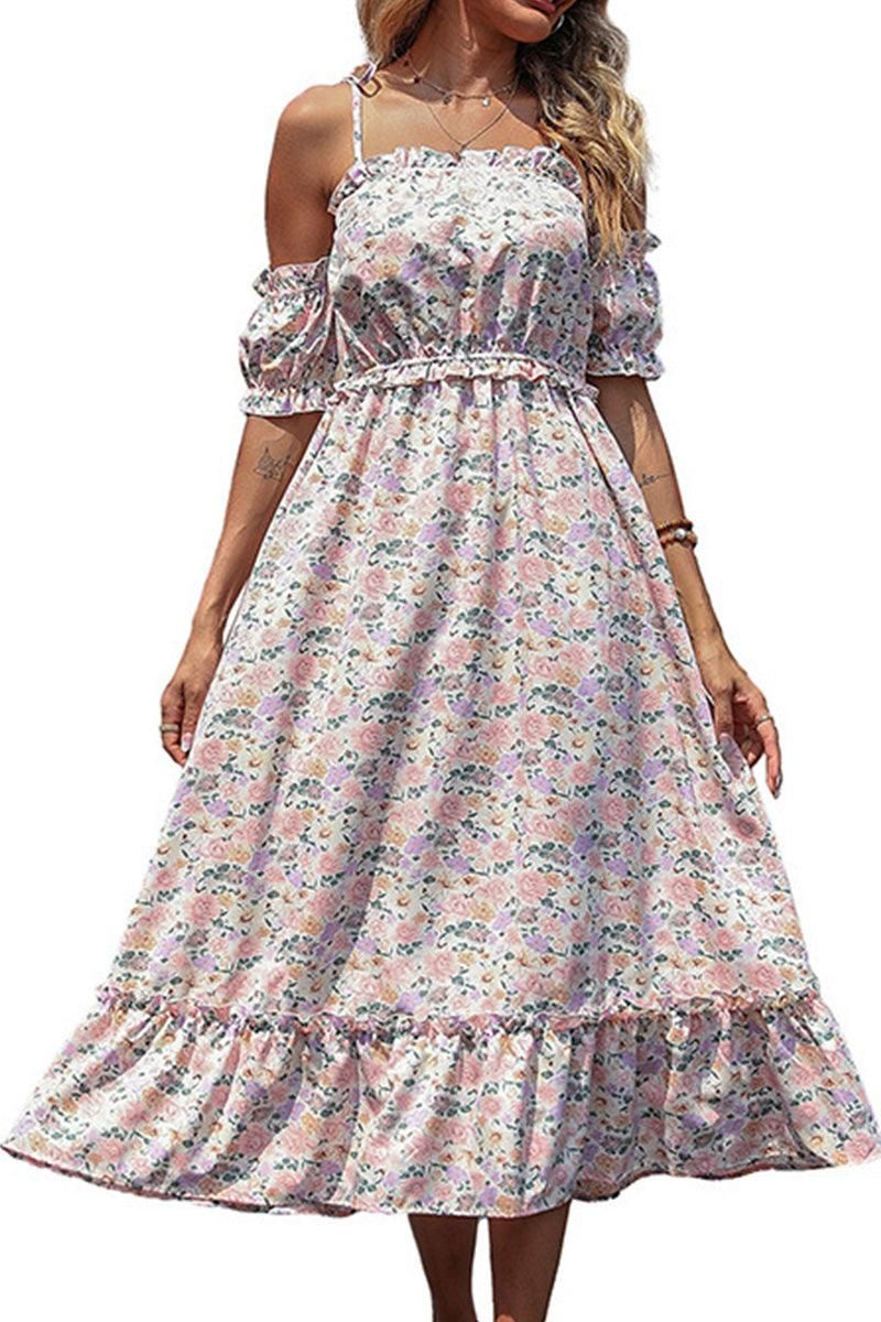 FLORAL STRAP OFF SHOULDER FLARE DRESS - Doublju